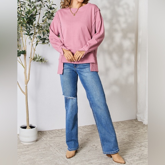 NEW Culture Code PLUS + REG Size Rose Pink Oversized Exposed Seam Sweatshirt Top - Picture 5 of 9